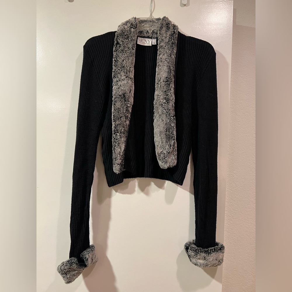 Vintage MCNY sweater with faux fur trim collar/front and cuffs - size small